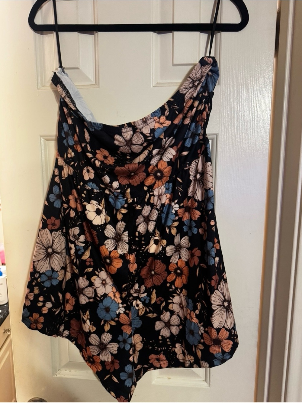 Floral Cowl Neck Spaghetti Strap Top - Black with Blue, Brown & Cream Flowers
